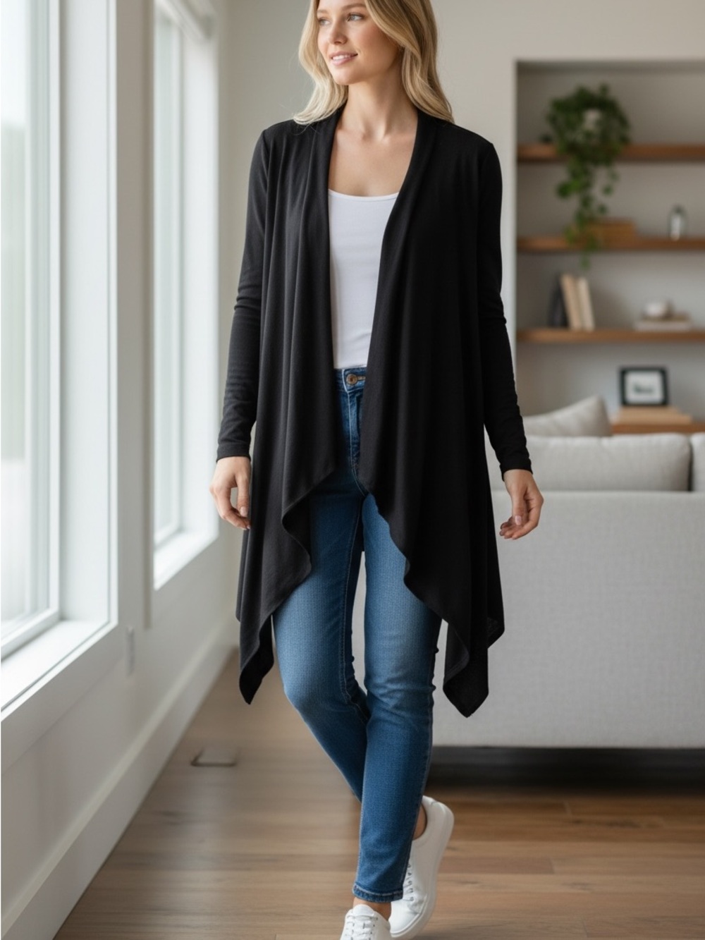 Banana Republic Draped Neck Open Front Asymmetrical Hem Black Cardigan Large